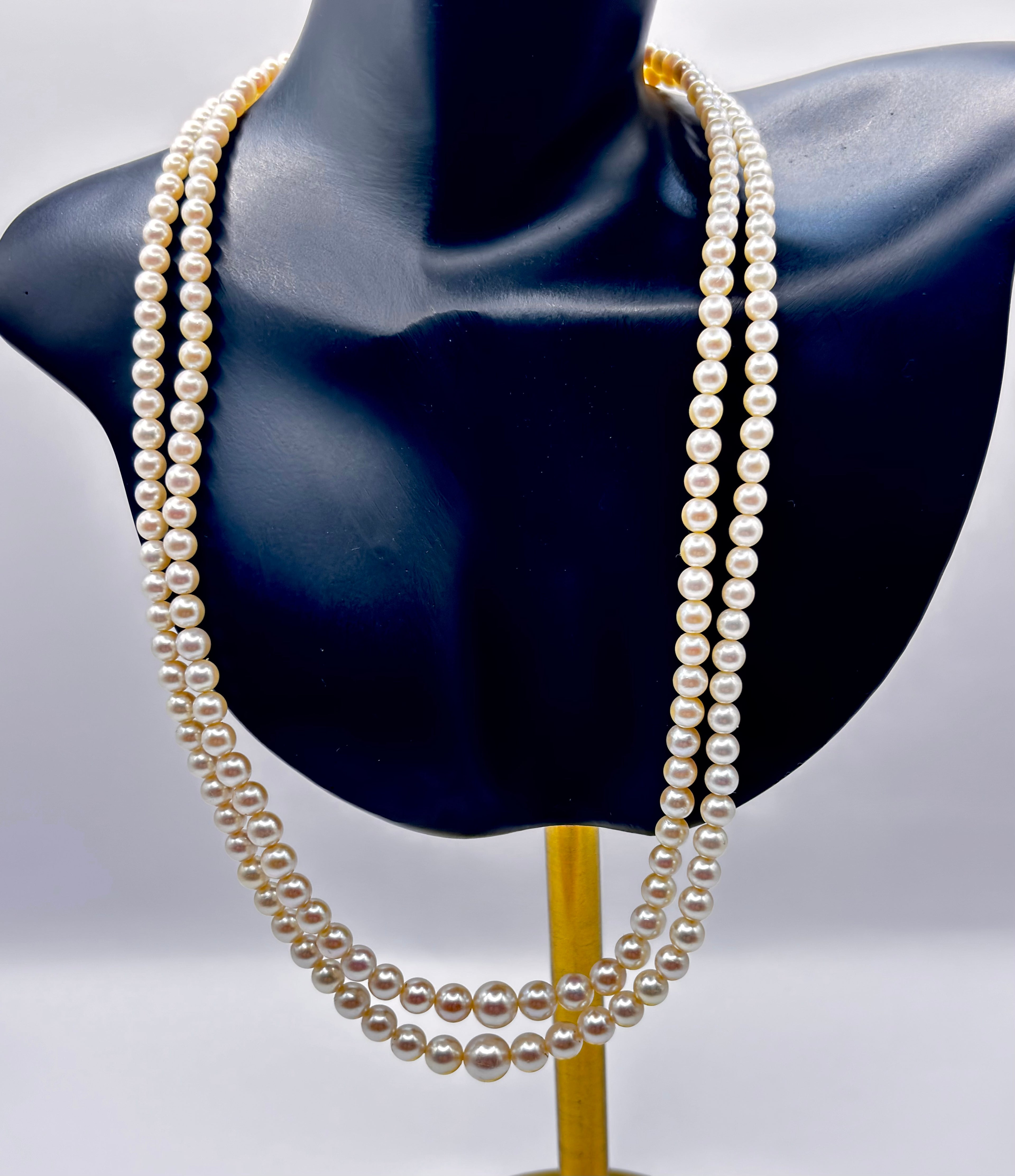 Vintage Double Strand Cultured Pearl Necklace, Graduated, Gold & Pearls Clasp