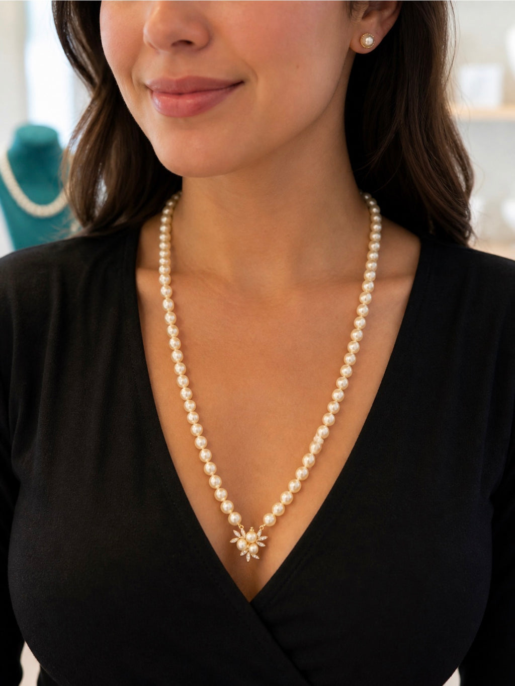 Akoya Cultured Pearl Opera Necklace 8.5–8.9mm Diamond and Gold Clasp Enhancer