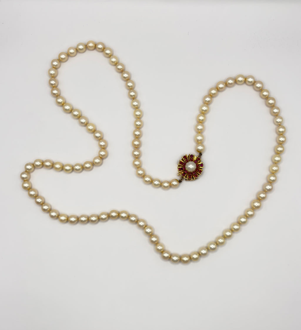Akoya Cultured Pearl Opera Necklace, 7–8mm, 83cm, Gold & Ruby Clasp with Large Central Pearl