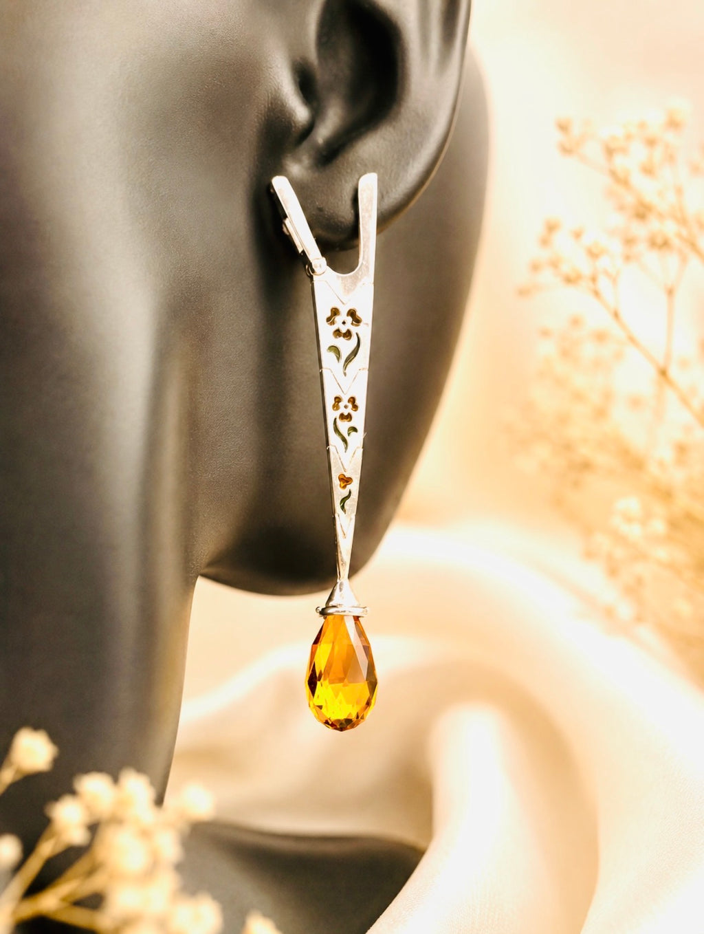 Long Architectural 18K Gold Citrine Briolette Diamond and Enamel Drop Earrings