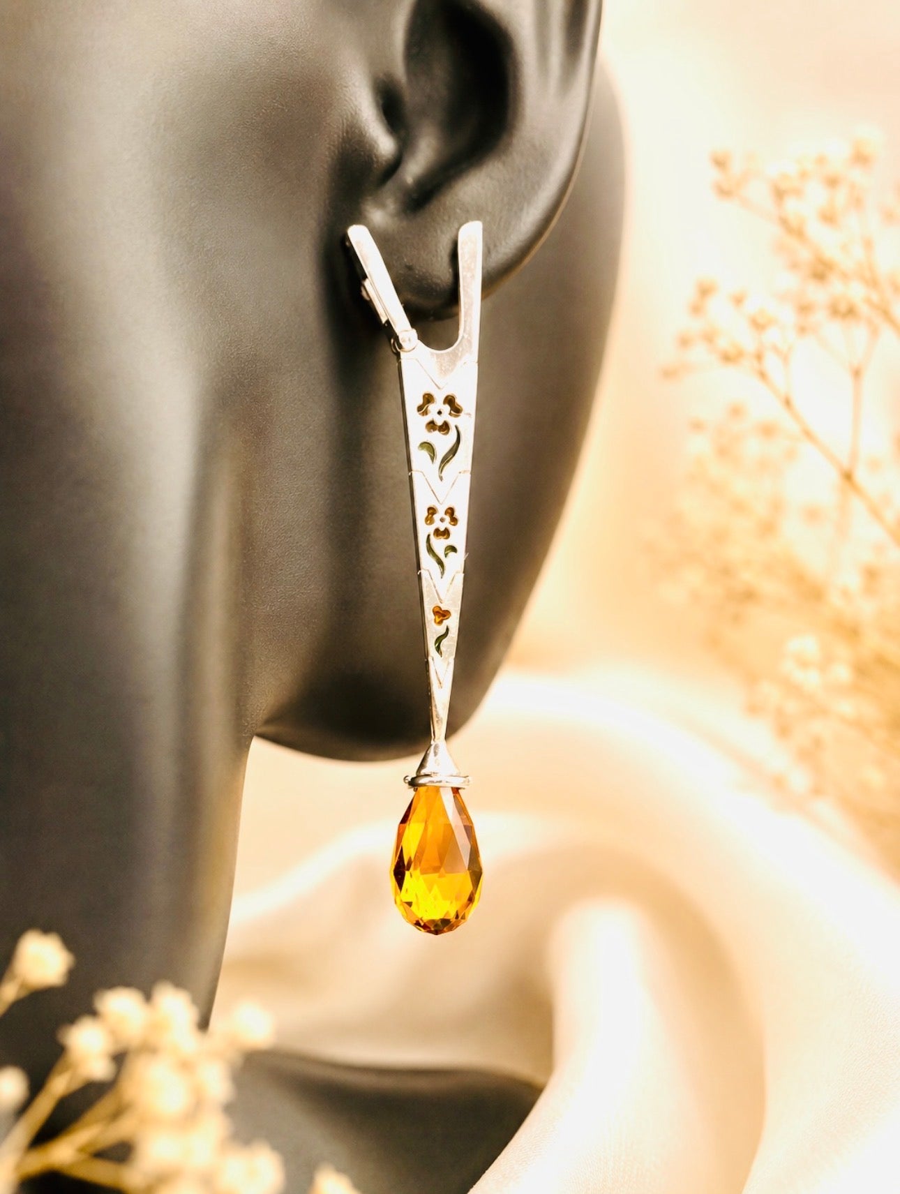 Long Architectural 18K Gold Citrine Briolette Diamond and Enamel Drop Earrings