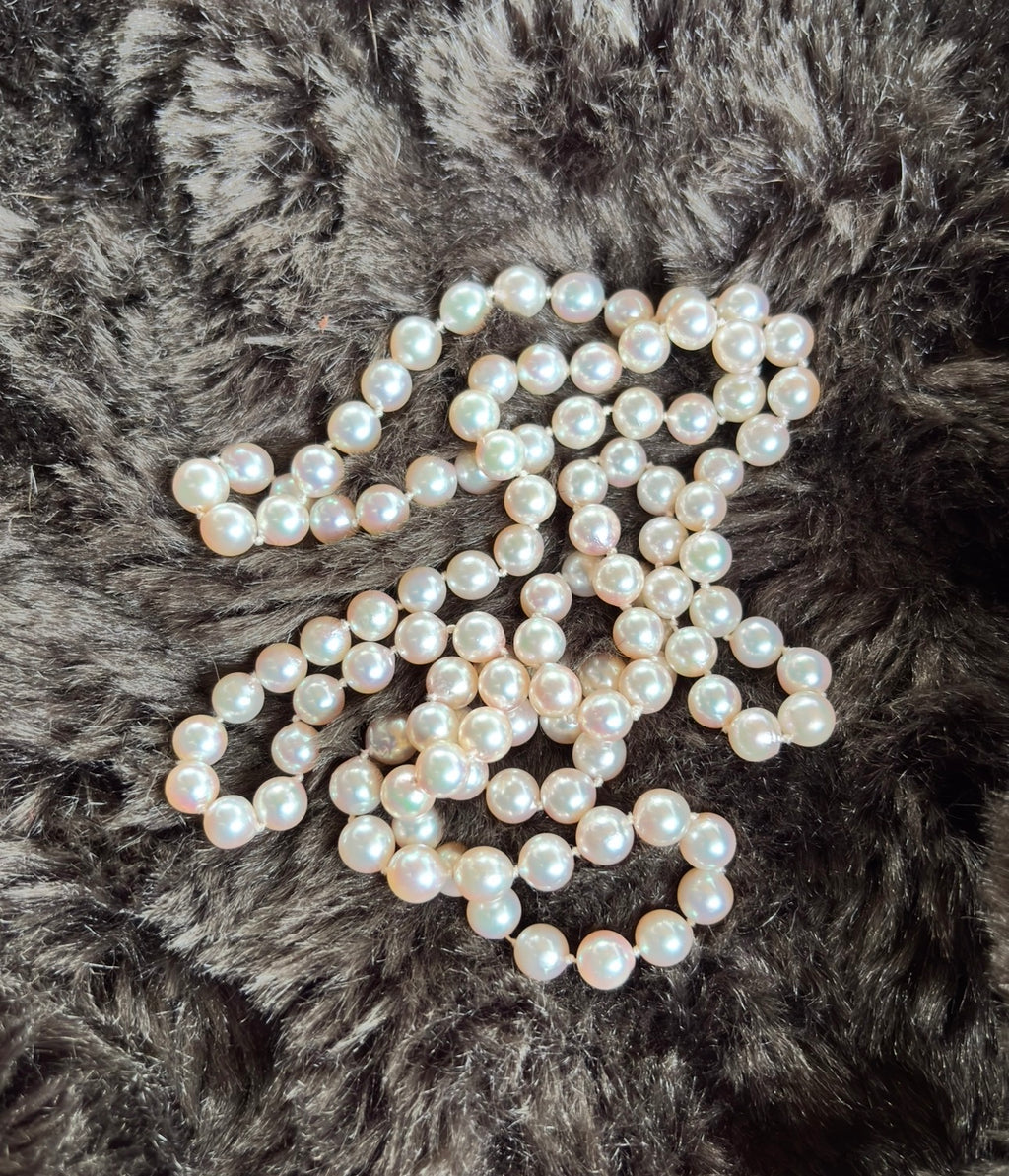 Akoya Cultured Pearl Long Necklace, 45cm (90cm overall) Opera Length, 7.1–7.3mm 120-125 pearls, White Strand with pink overtones