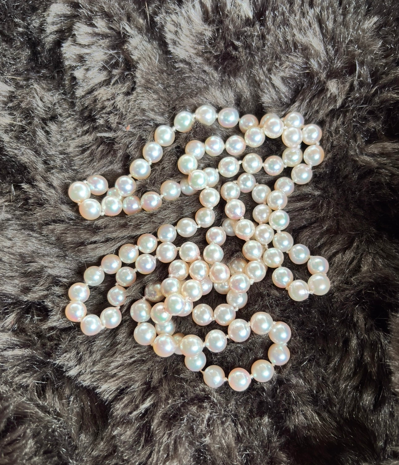 Akoya Cultured Pearl Long Necklace, 45cm (90cm overall) Opera Length, 7.1–7.3mm 120-125 pearls, White Strand with pink overtones