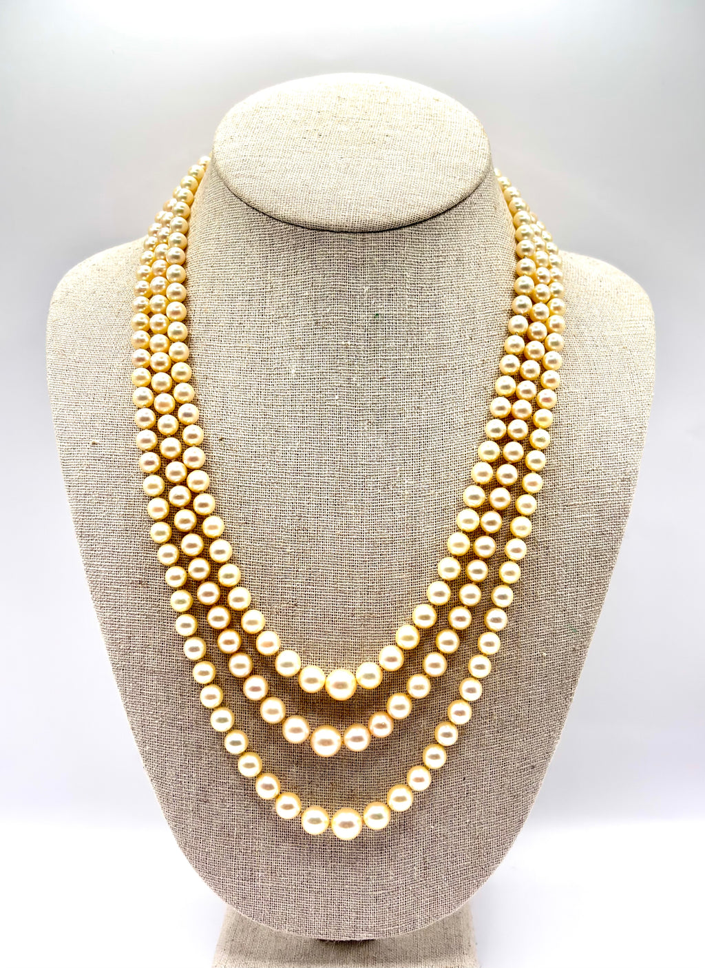Vintage Triple-Strand Cultured Akoya Pearl Necklace 18K Carat Diamond Sapphire Bow Clasp, Circa 1960’s