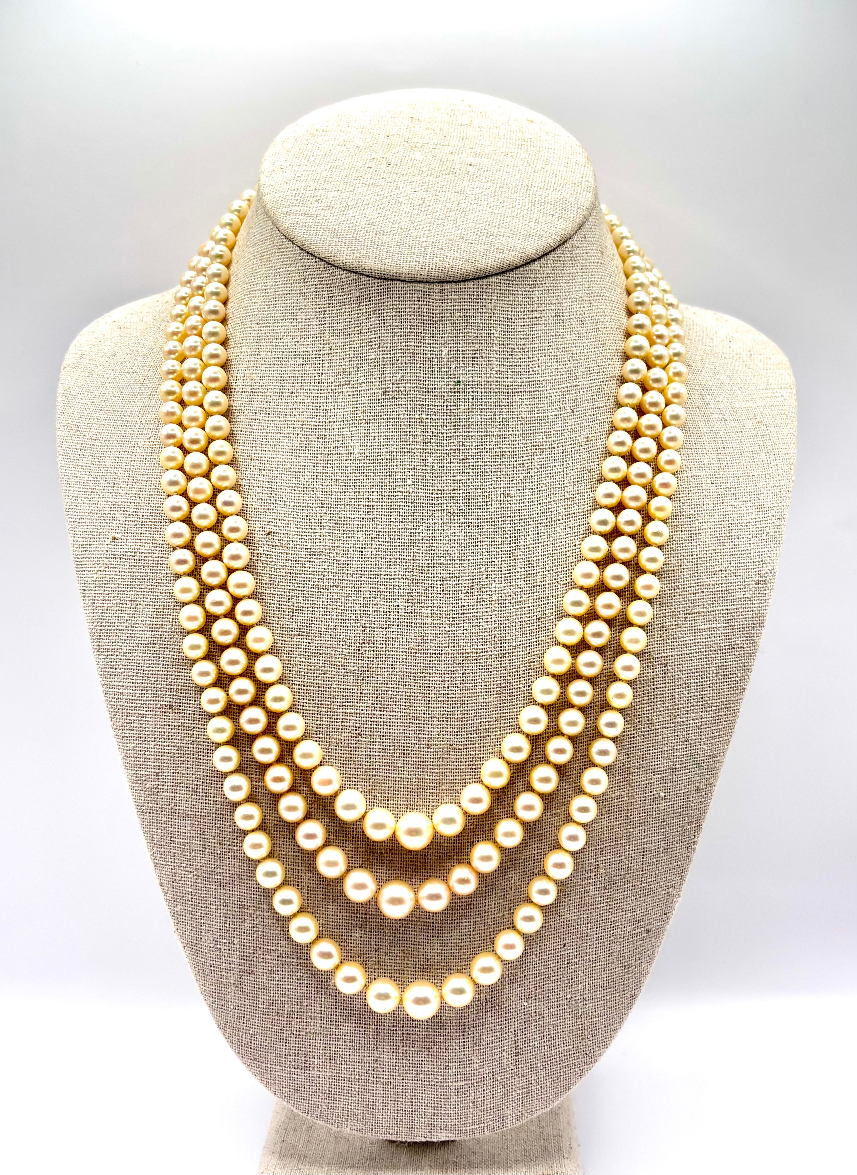 Vintage Triple-Strand Cultured Akoya Pearl Necklace 18K Carat Diamond Sapphire Bow Clasp, Circa 1960’s