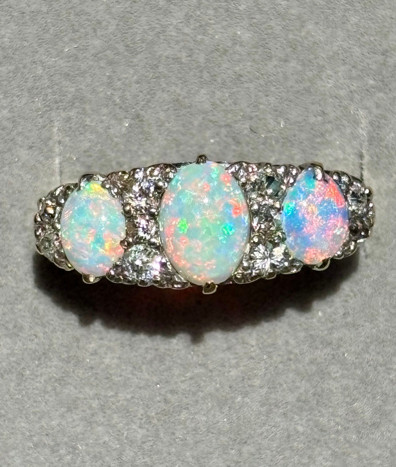 Antique Victorian Australian Opal & Old Cut Diamond Ring, Circa 1890s, 18ct Gold