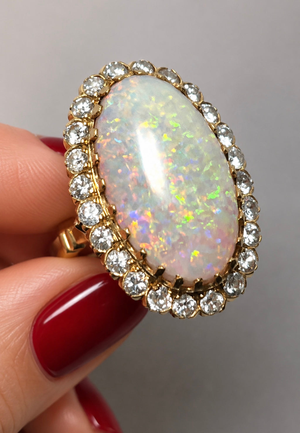 Vintage Large 8.50 carats Australian White Opal Diamond Cluster Ring in 18K Gold