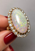 Vintage Large 8.50 carats Australian White Opal Diamond Cluster Ring in 18K Gold