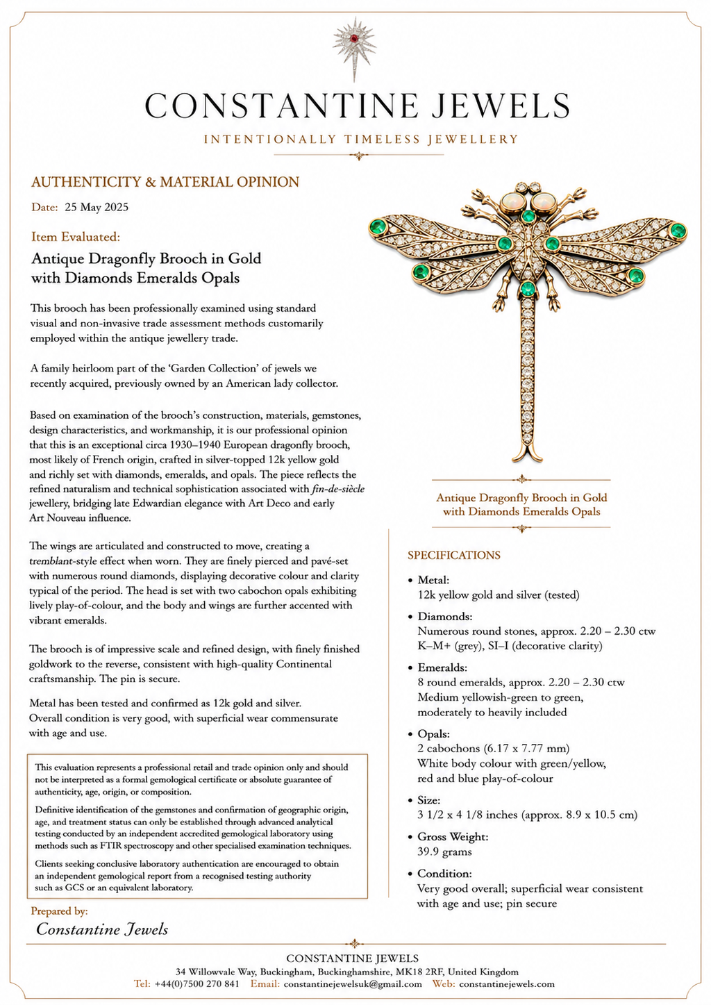 Antique French Diamond, Emerald & Opal En Tremblant Dragonfly Brooch, c.1930–1940