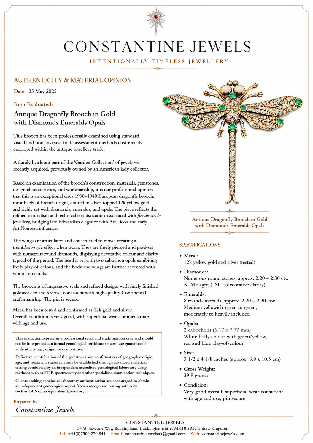 Antique French Diamond, Emerald & Opal En Tremblant Dragonfly Brooch, c.1930–1940