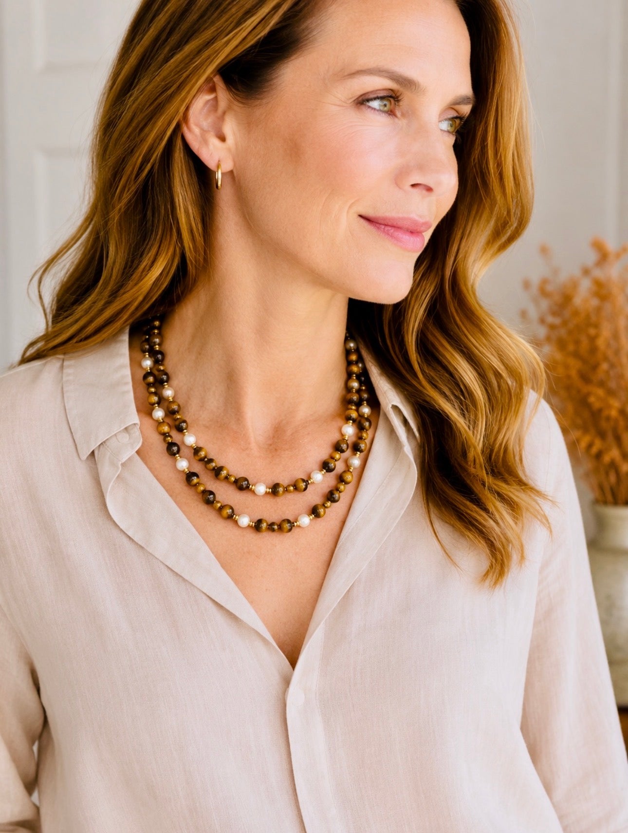 Vintage 90cm Long Tiger’s Eye, Pearl and Gold Continuous Bead Necklace