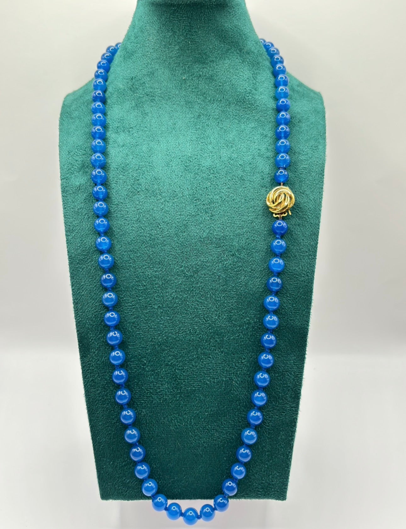 Vintage Blue Agate Bead Necklace, Gold Clasp, 71 cm Length, 53 grams