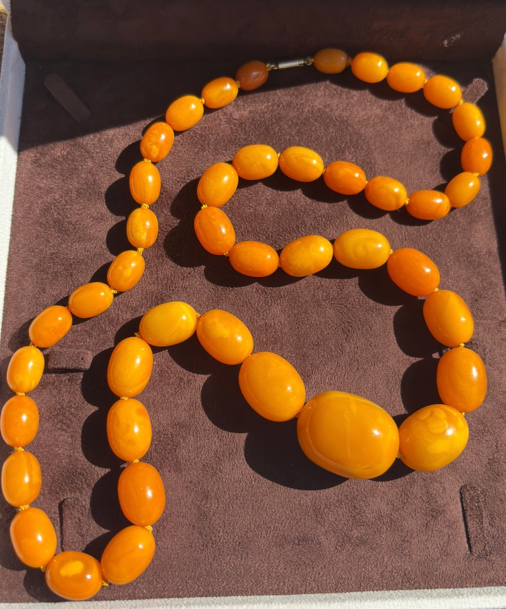 Antique Baltic Butterscotch Amber Bead Necklace, 104g, 30mm Bead Sac Freres