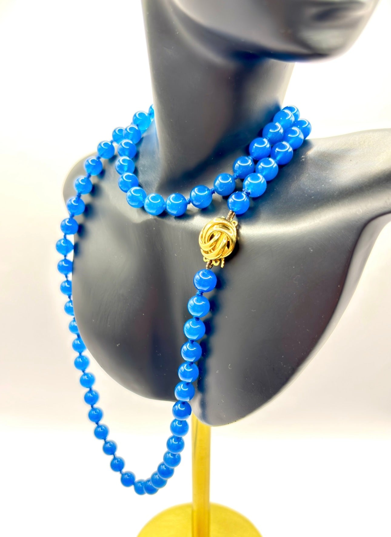 Vintage Blue Agate Bead Necklace, Gold Clasp, 71 cm Length, 53 grams