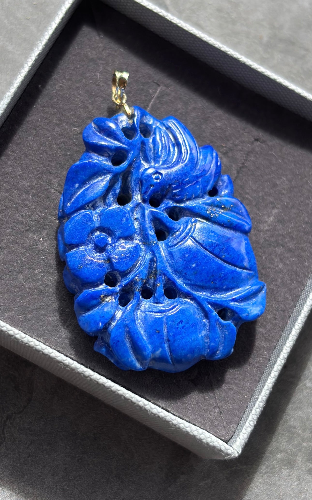 Large Double-Sided Carved Lapis Lazuli Pendant, Figural Bird Motif, Gold Bail