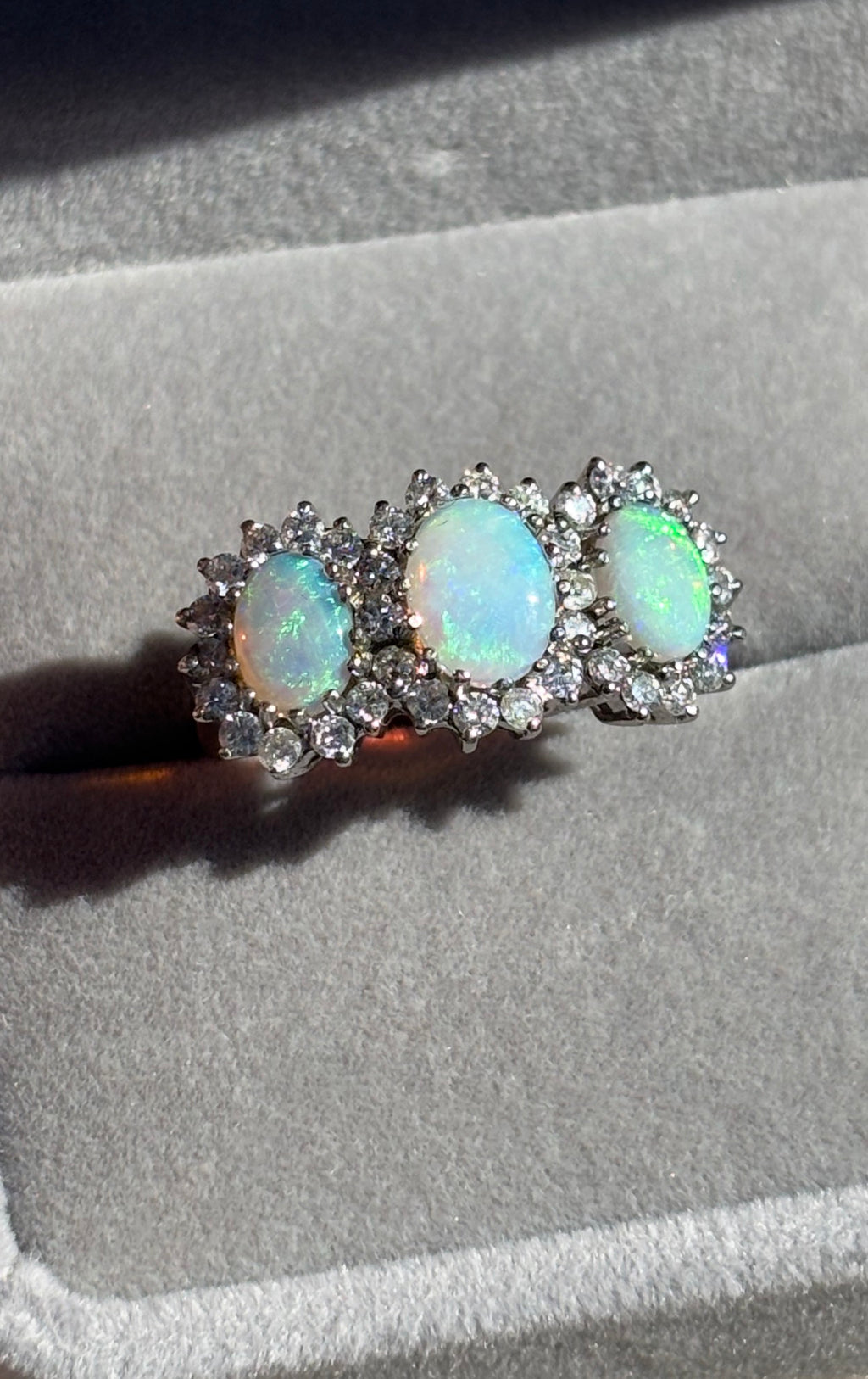 Victorian Style 18ct White Gold Opal Diamond Trilogy Ring 0.50ct