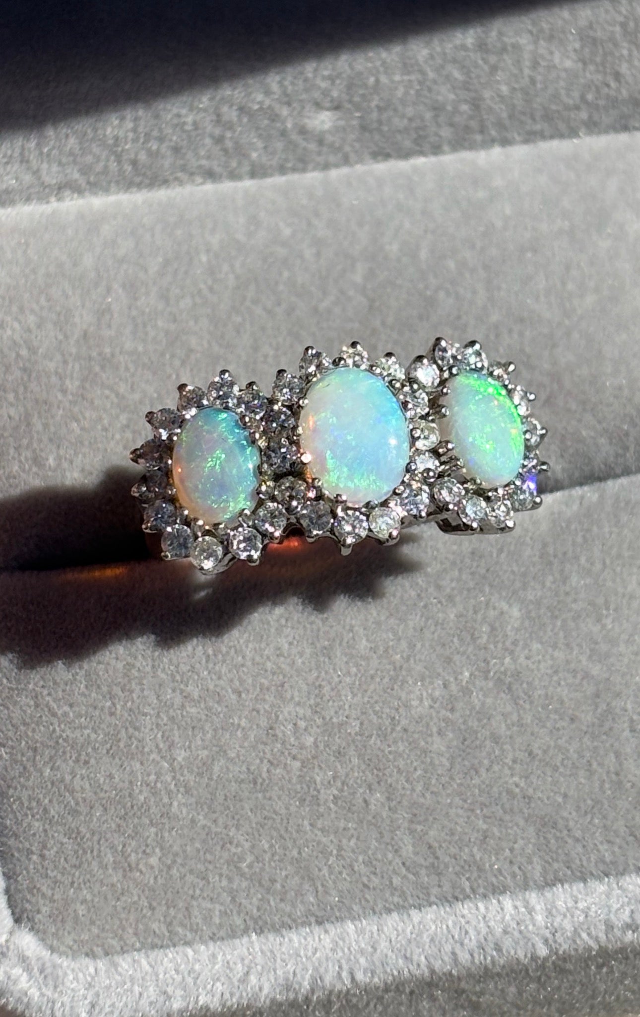 Victorian Style 18ct White Gold Opal Diamond Trilogy Ring 0.50ct