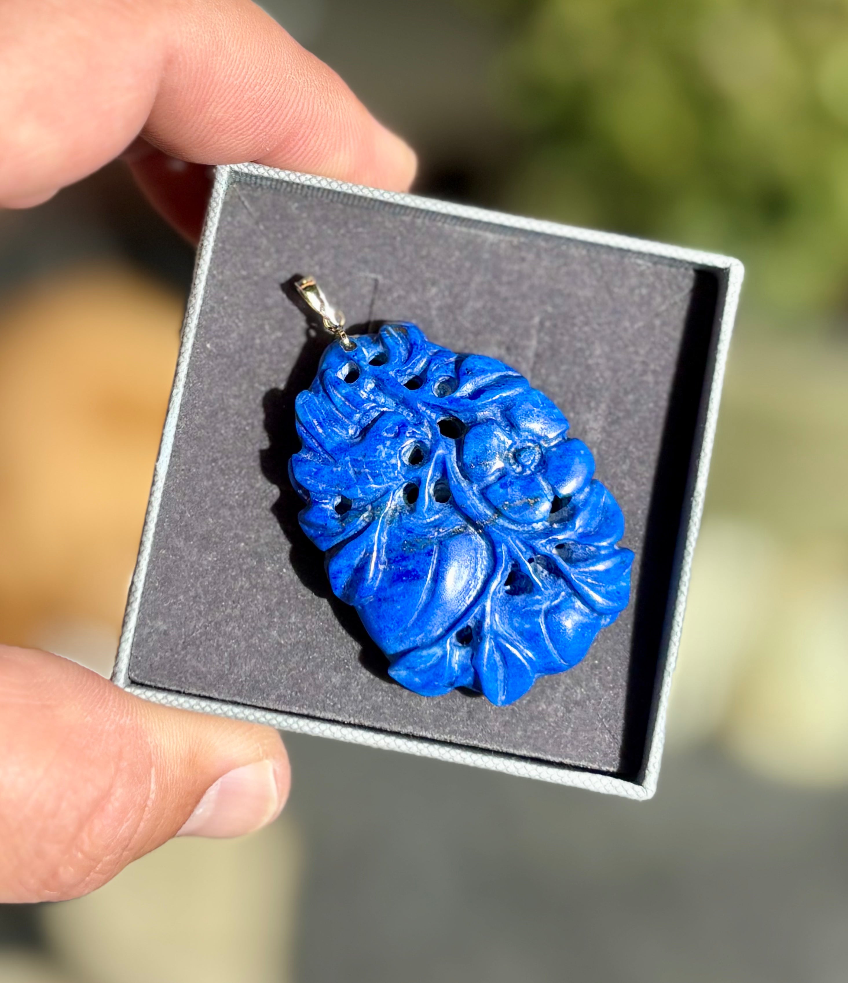 Large Double-Sided Carved Lapis Lazuli Pendant, Figural Bird Motif, Gold Bail