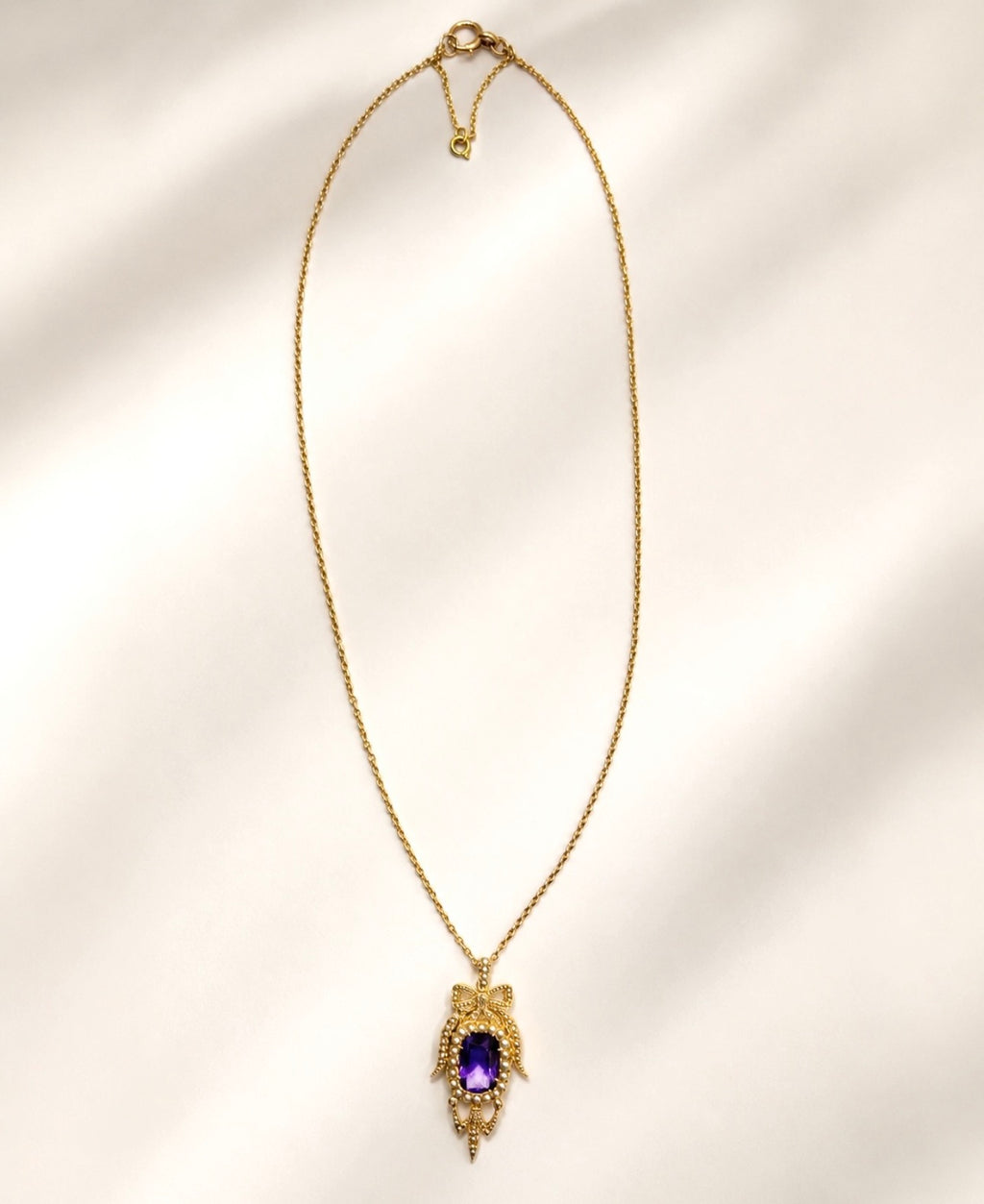 Antique Edwardian Amethyst Pearl Diamond Pendant Necklace in Gold.