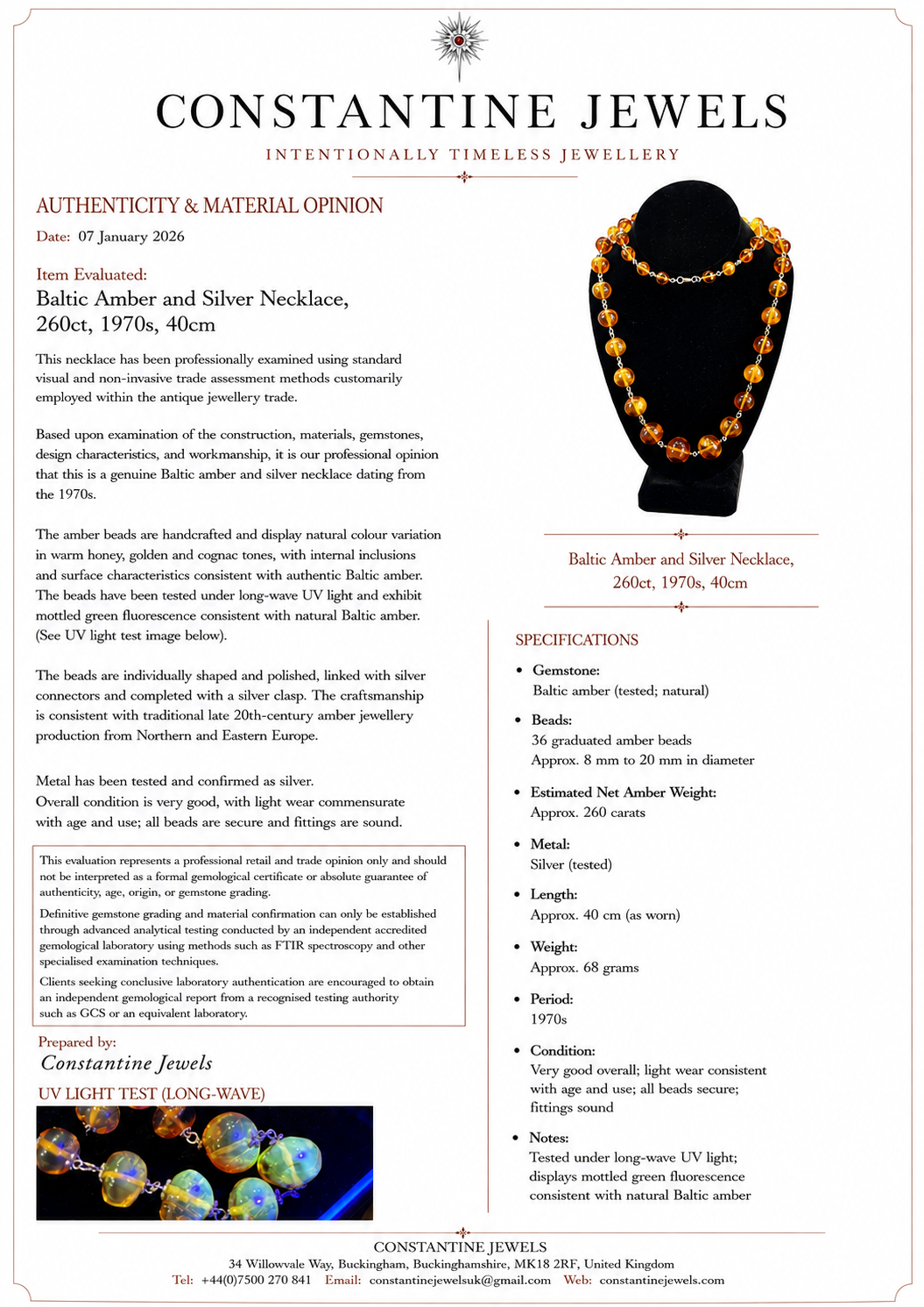 Handmade Baltic Amber and Silver Bead Necklace, Late 20th Century