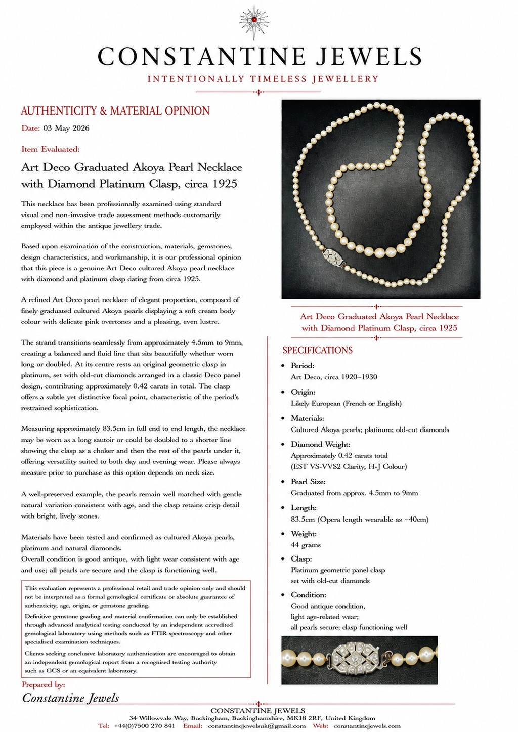 Art Deco Graduated Akoya Pearl Necklace with Diamond Platinum Clasp, circa 1925