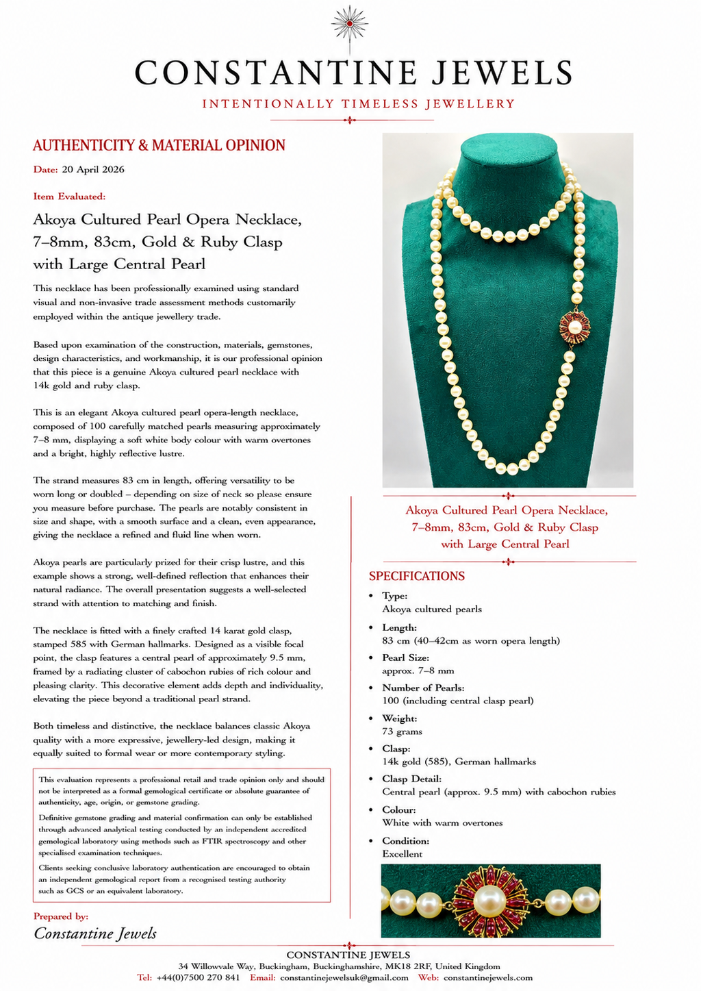 Akoya Cultured Pearl Opera Necklace, 7–8mm, 83cm, Gold & Ruby Clasp with Large Central Pearl