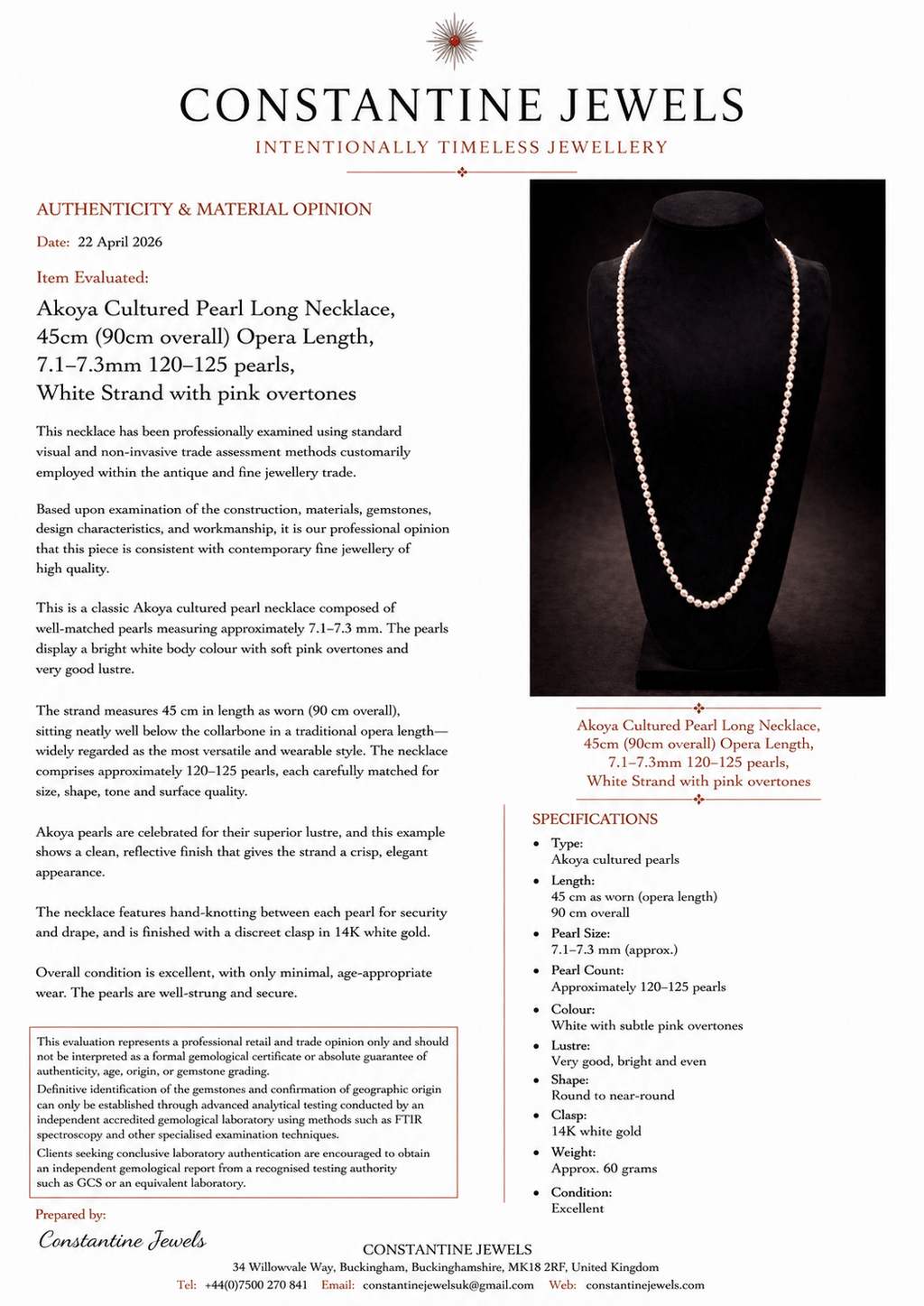 Akoya Cultured Pearl Long Necklace, 45cm (90cm overall) Opera Length, 7.1–7.3mm 120-125 pearls, White Strand with pink overtones