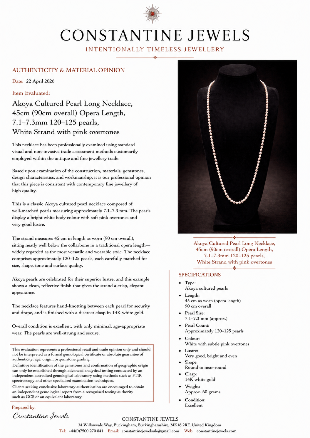 Akoya Cultured Pearl Long Necklace, 45cm (90cm overall) Opera Length, 7.1–7.3mm 120-125 pearls, White Strand with pink overtones