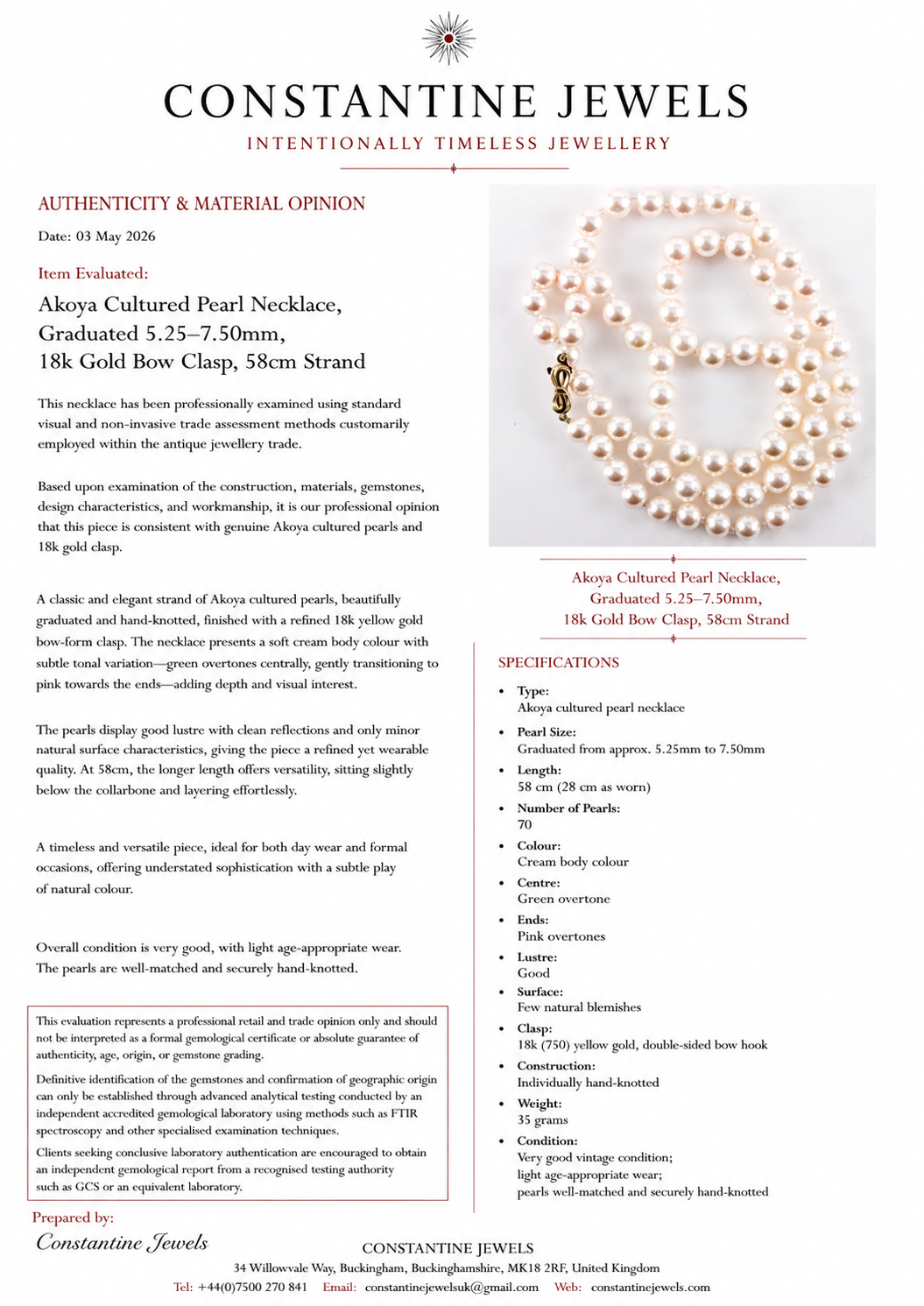 Akoya Cultured Pearl Necklace, Graduated 5.25–7.50mm, 18k Gold Bow Clasp, 58cm Strand