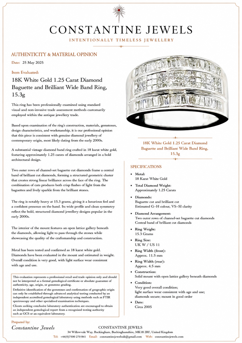 18K White Gold 1.25 Carat Diamond Baguette and Brilliant Wide Band Ring, 15.3g