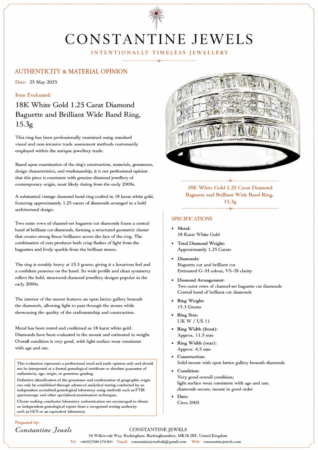 18K White Gold 1.25 Carat Diamond Baguette and Brilliant Wide Band Ring, 15.3g