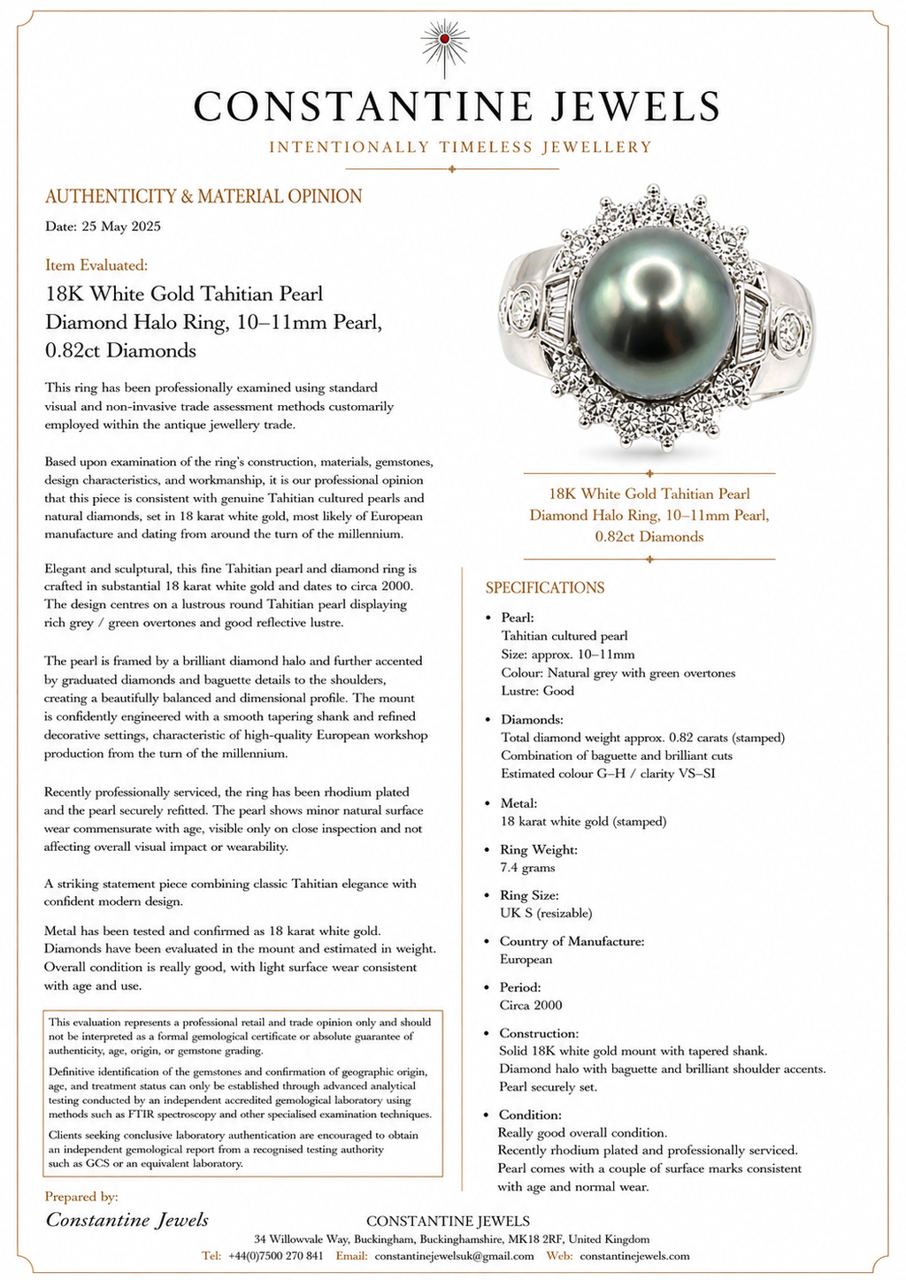 18K White Gold Tahitian Pearl Diamond Halo Ring, 10–11mm Pearl, 0.82ct Diamonds