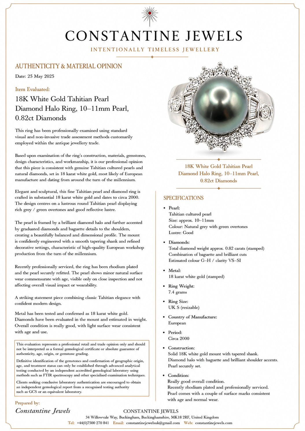 18K White Gold Tahitian Pearl Diamond Halo Ring, 10–11mm Pearl, 0.82ct Diamonds