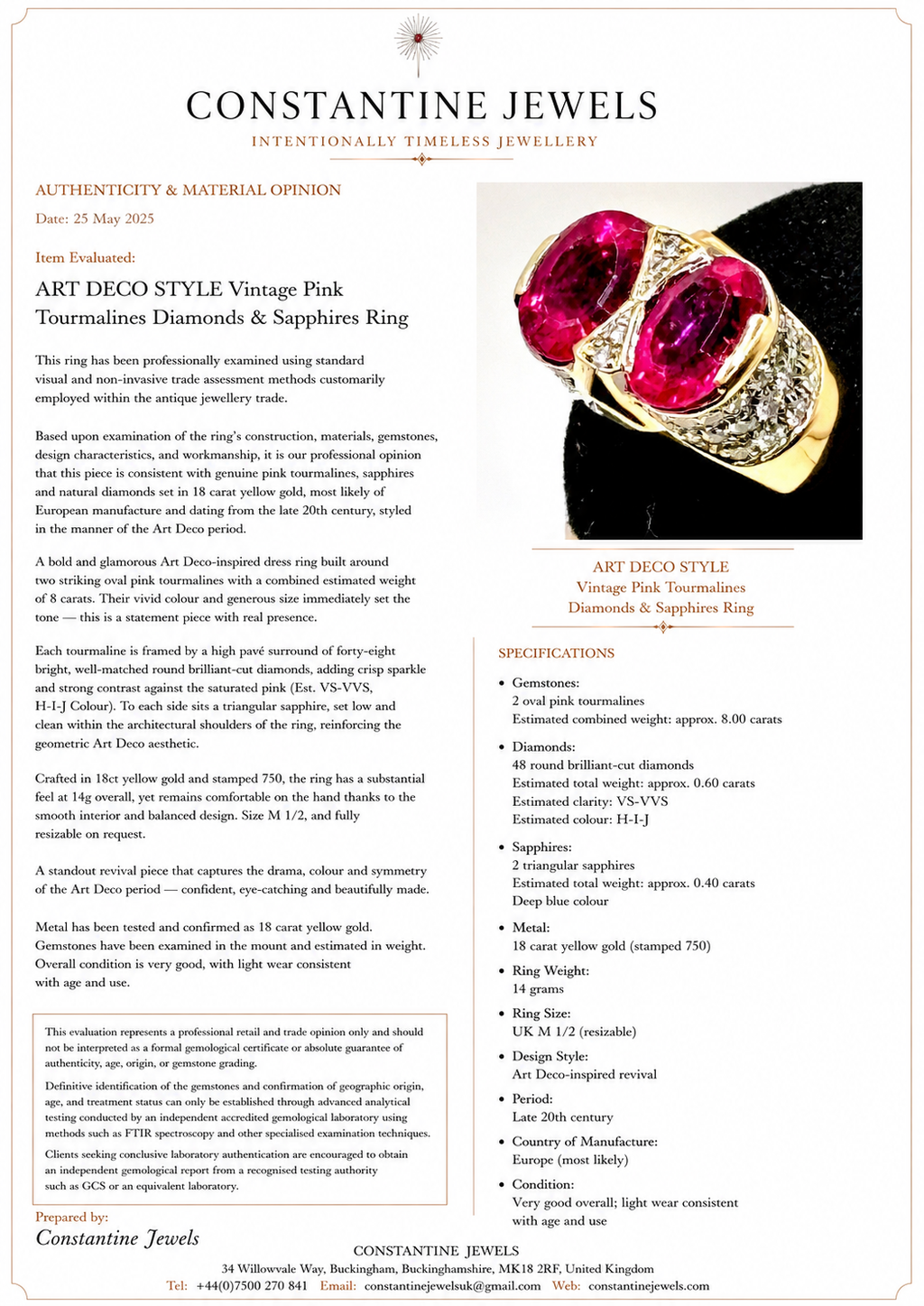 ART DECO STYLE Vintage Pink Tourmalines Diamonds & Sapphires Ring
