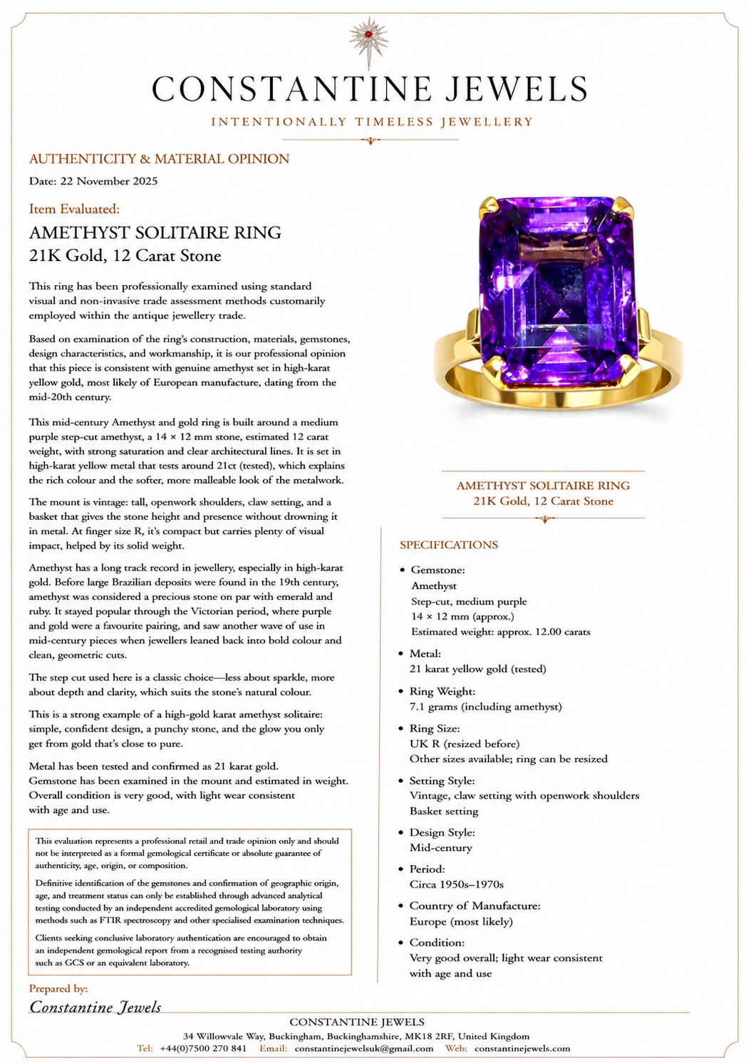 AMETHYST SOLITAIRE RING 21K Gold, 12 Carat Stone