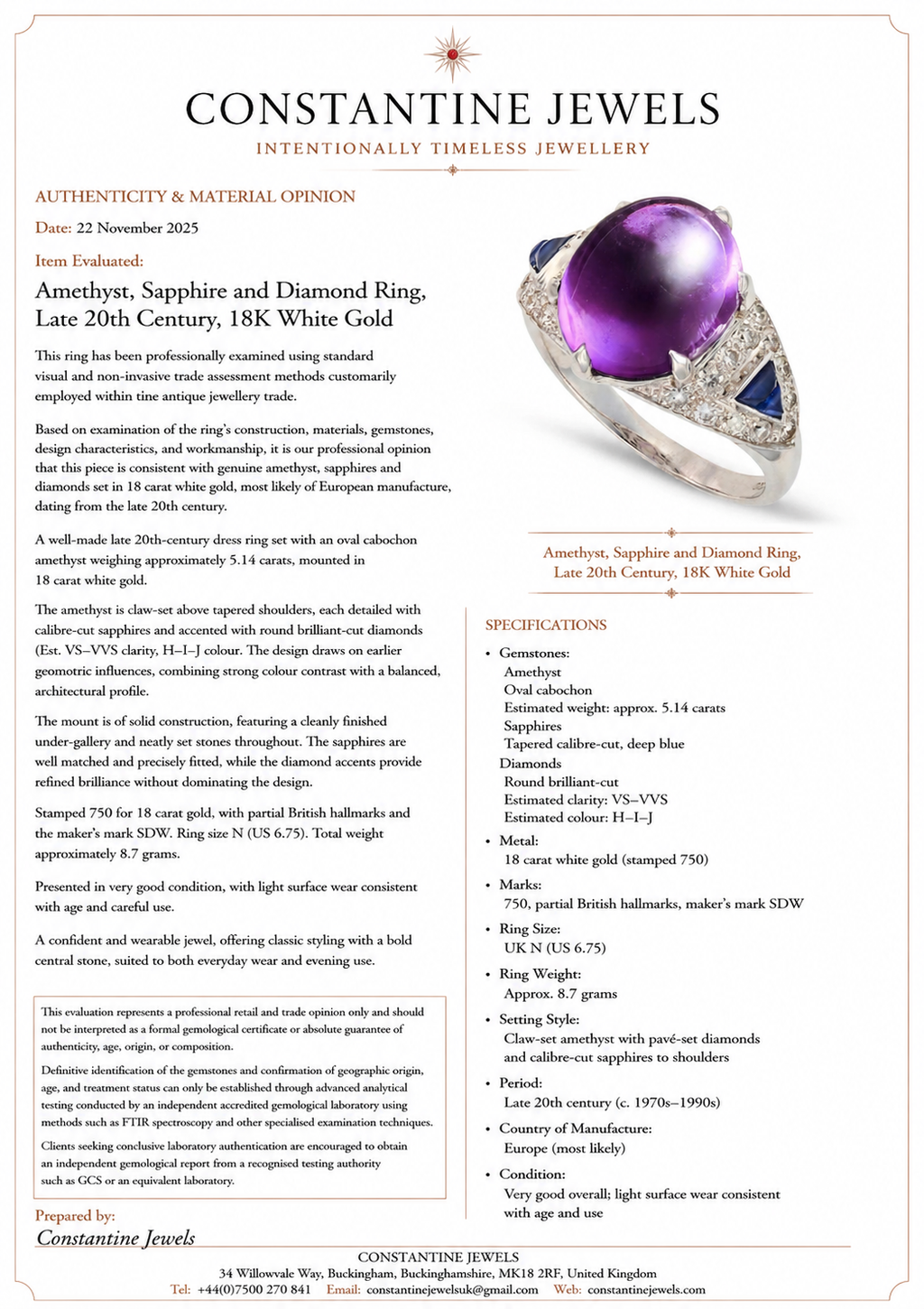 Amethyst, Sapphire and Diamond Ring, Late 20th Century, 18K White Gold