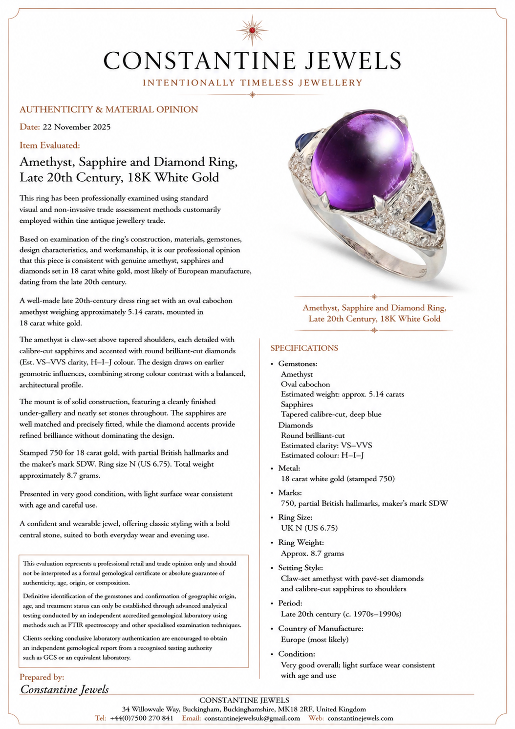 Amethyst, Sapphire and Diamond Ring, Late 20th Century, 18K White Gold