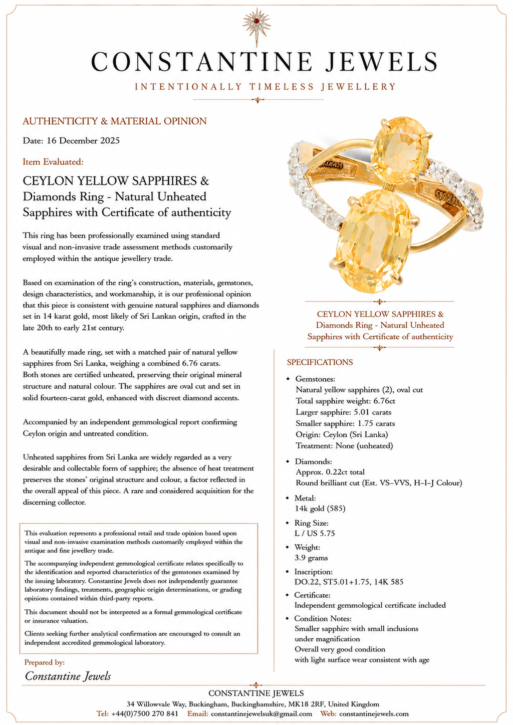 CEYLON YELLOW SAPPHIRES & Diamonds Ring - Natural Unheated Sapphires with Certificate of authenticity