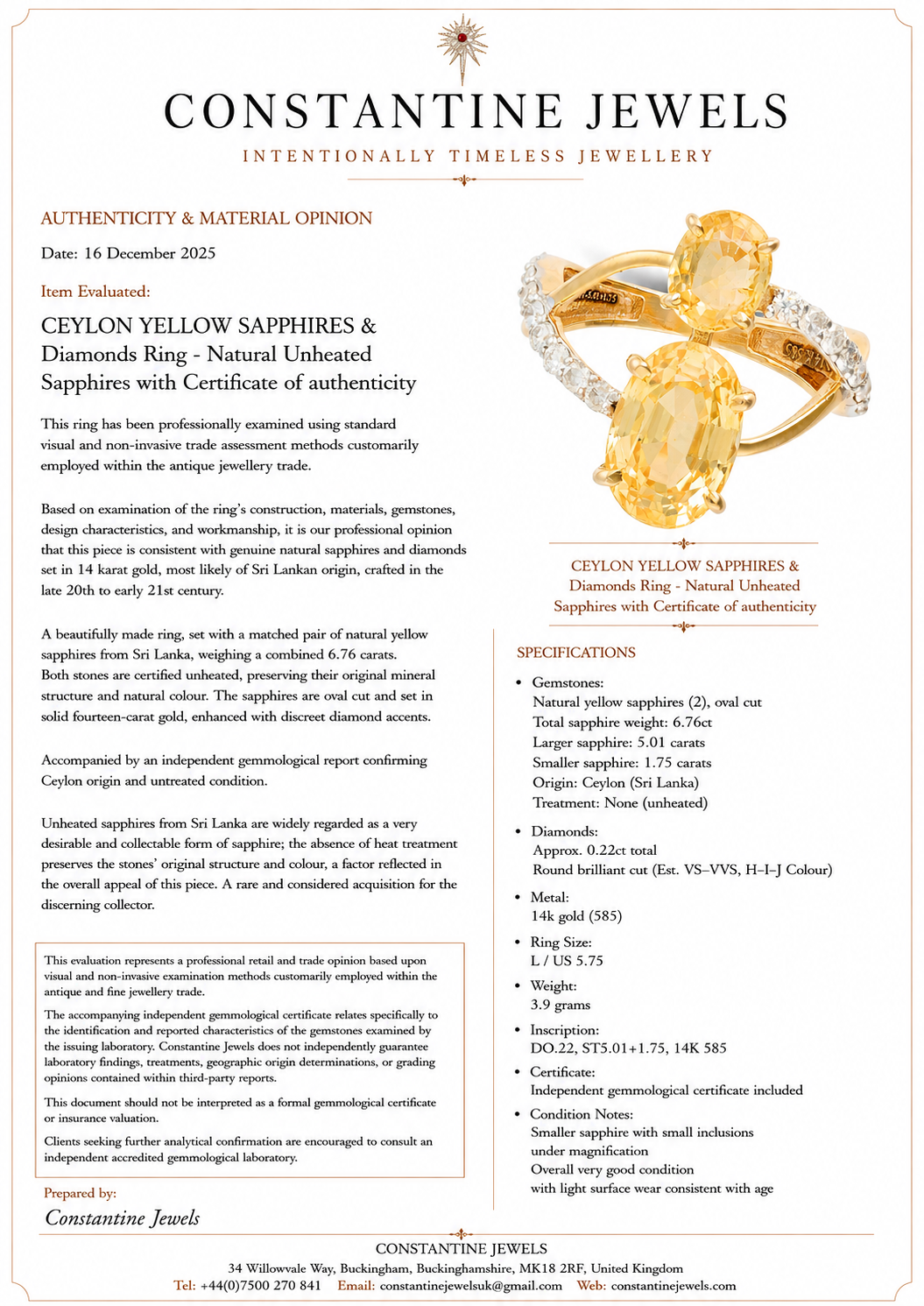 CEYLON YELLOW SAPPHIRES & Diamonds Ring - Natural Unheated Sapphires with Certificate of authenticity