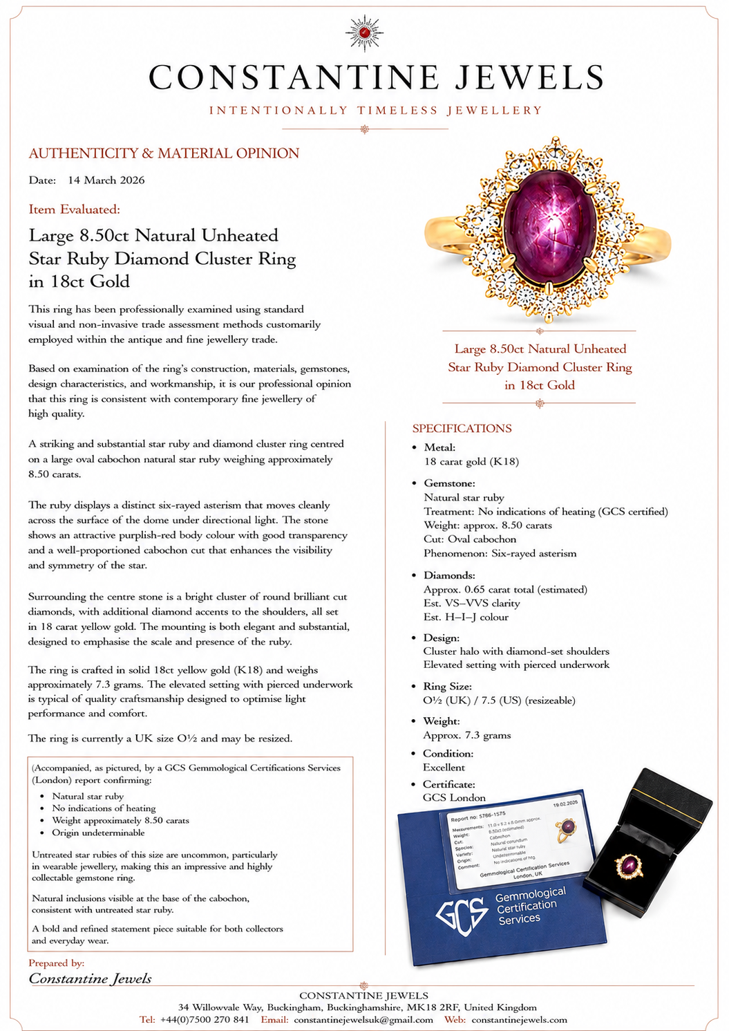 Large 8.50ct Natural Unheated Star Ruby Diamond Cluster Ring, GCS Certified, 18k Gold