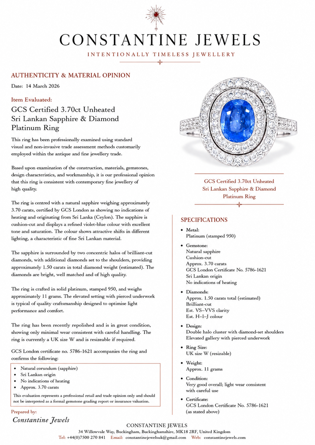 GCS Certified 3.70ct Unheated Sri Lankan Sapphire & Diamond Platinum Ring