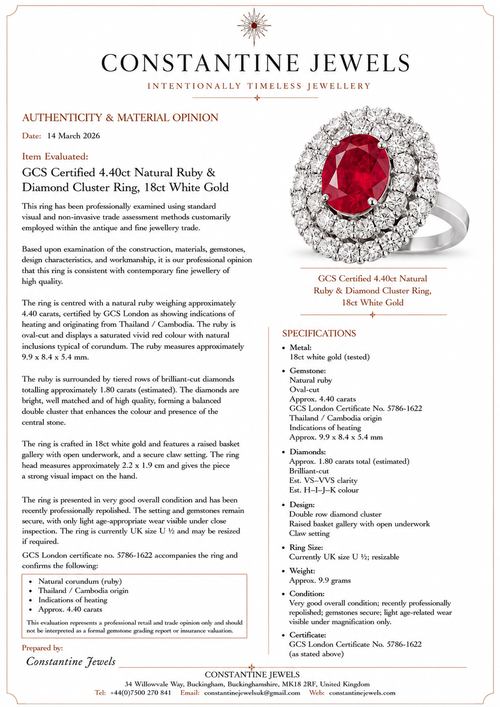 GCS Certified 4.40ct Natural Ruby & Diamond Cluster Ring, 18ct White Gold