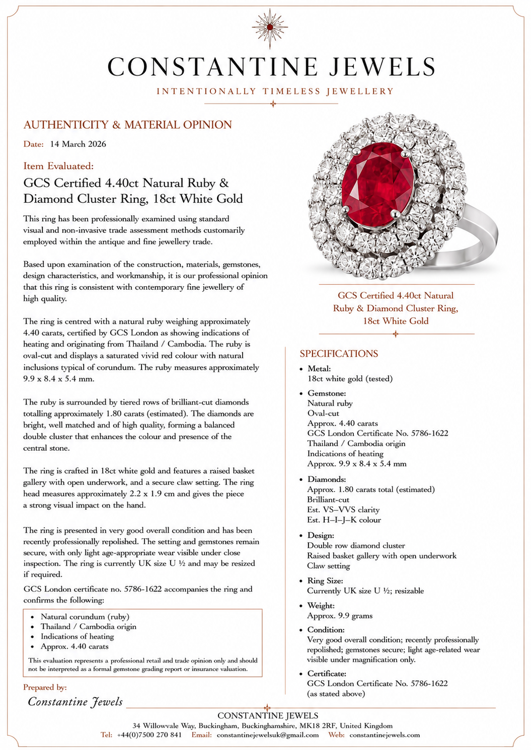 GCS Certified 4.40ct Natural Ruby & Diamond Cluster Ring, 18ct White Gold