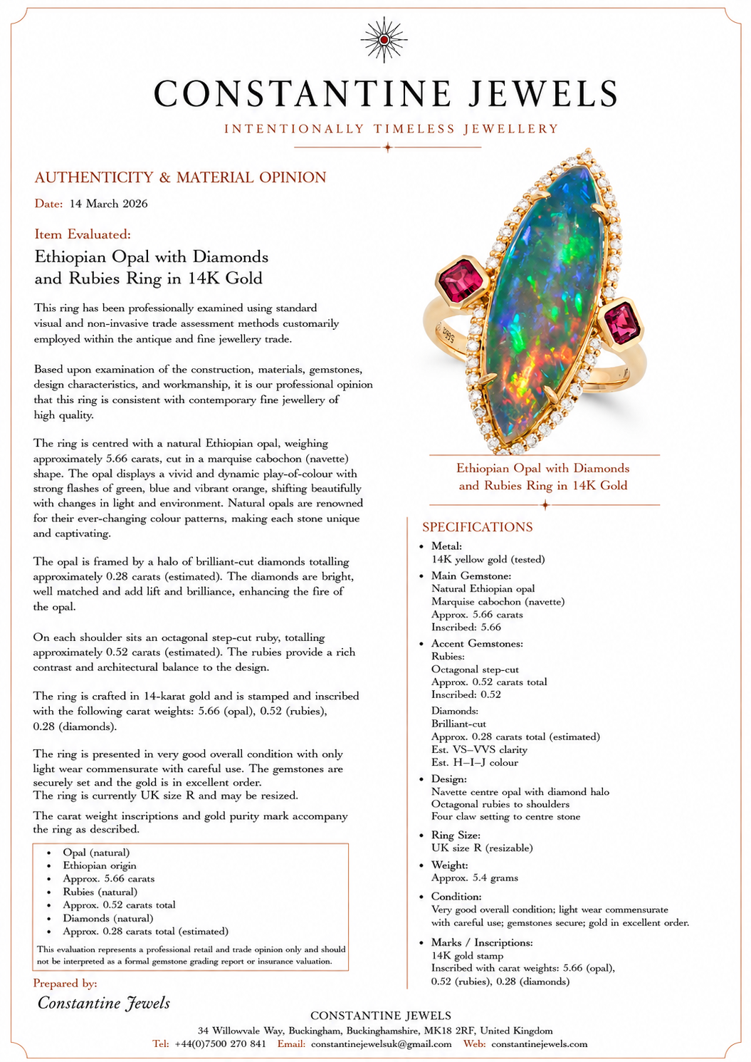 Ethiopian Opal with Diamonds and Rubies Ring in 14K Gold