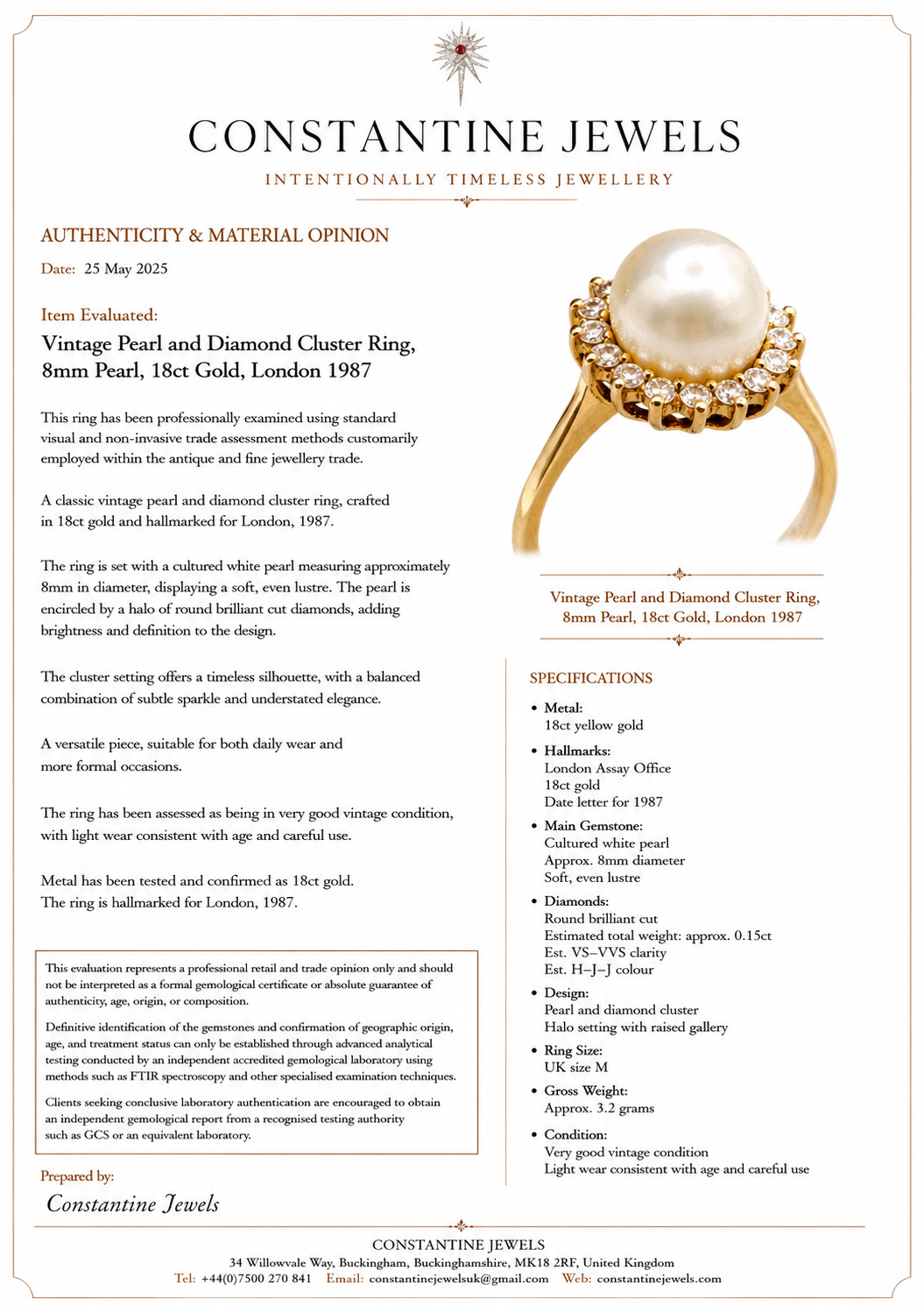 Vintage Pearl and Diamond Cluster Ring, 8mm Pearl, 18ct Gold, London 1987