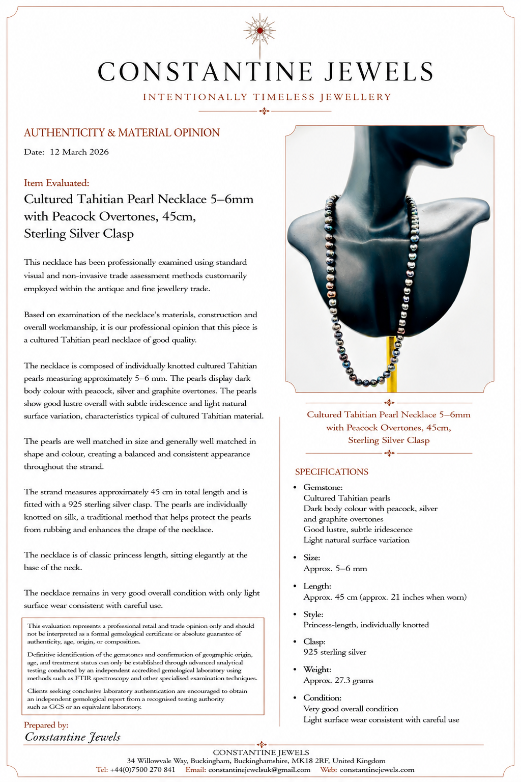 Cultured Tahitian Pearl Necklace 5–6mm with Peacock Overtones, 45cm, Sterling Silver Clasp