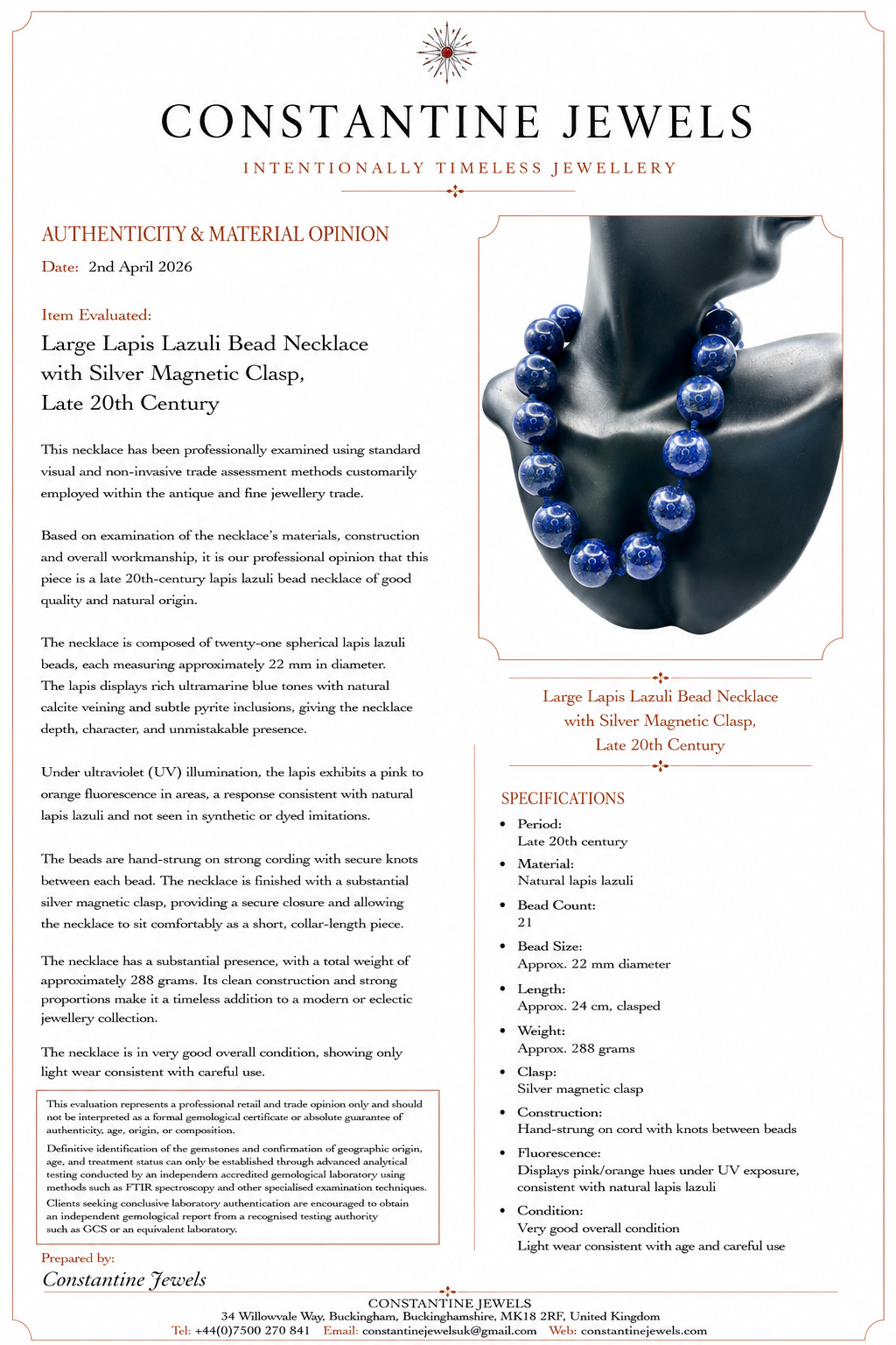 Large Lapis Lazuli Bead Necklace with Silver Magnetic Clasp, Late 20th Century