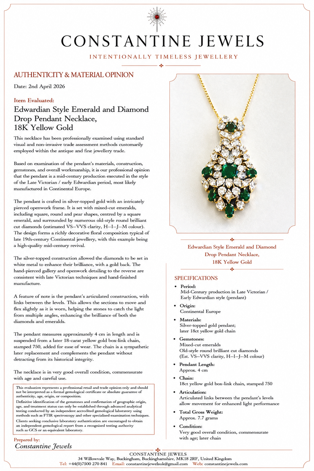 Edwardian Style Emerald and Diamond Drop Pendant Necklace, 18K Yellow Gold