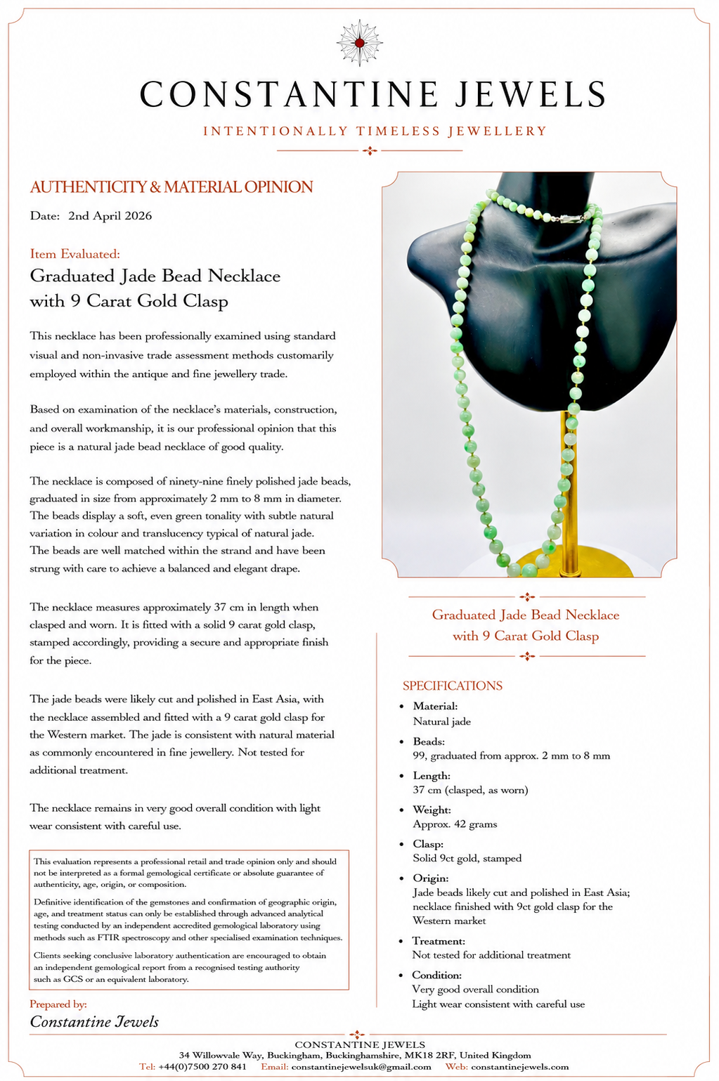Graduated Jade Bead Necklace with 9 Carat Gold Clasp