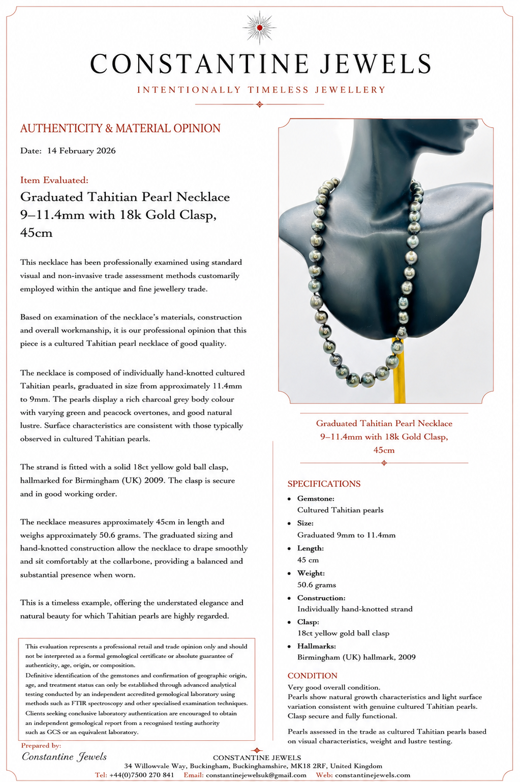 Graduated Tahitian Pearl Necklace 9–11.4mm with 18k Gold Clasp, 45cm